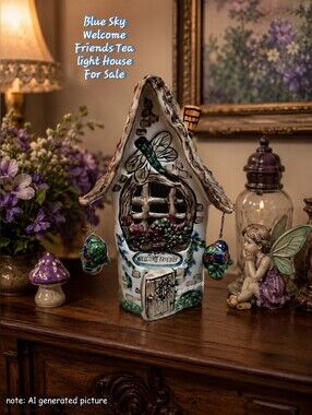 Blue Sky Heather Goldminc Welcome Friends Tealight House 8.25" Tall